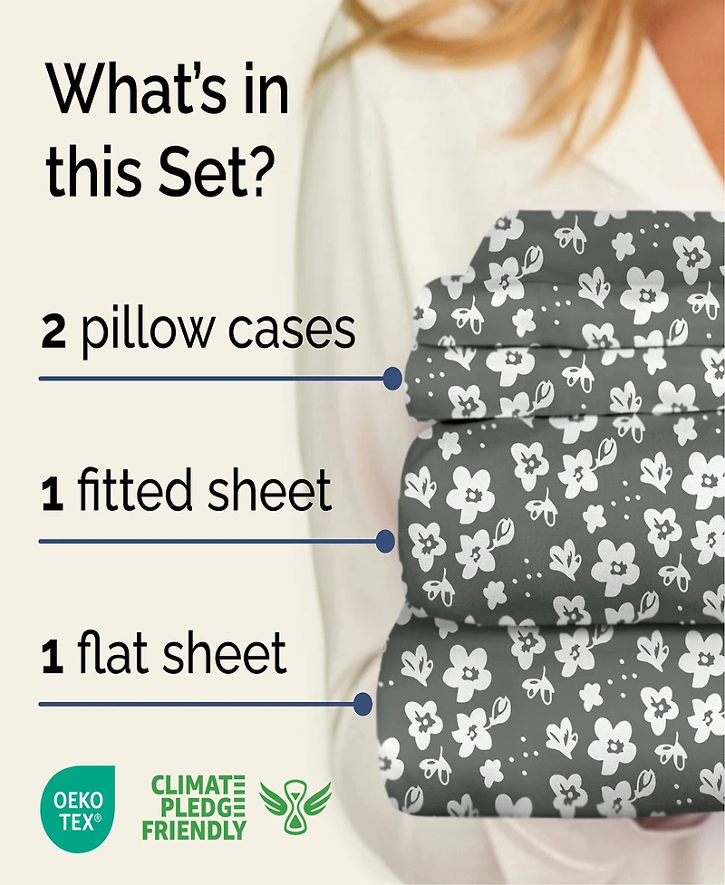 4 Piece Microfiber Floral Sheet Set - Queen