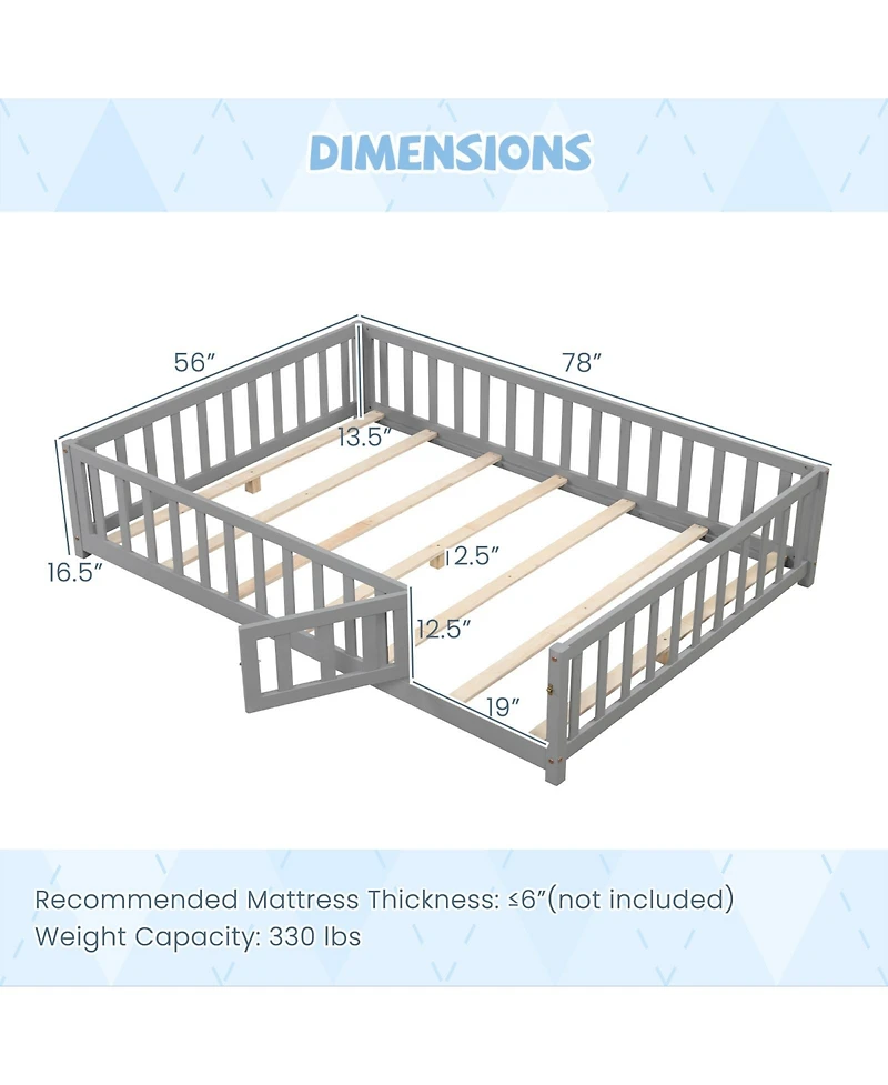 Montessori Bed Frame with Full-length Guardrails Safety Door and Latch