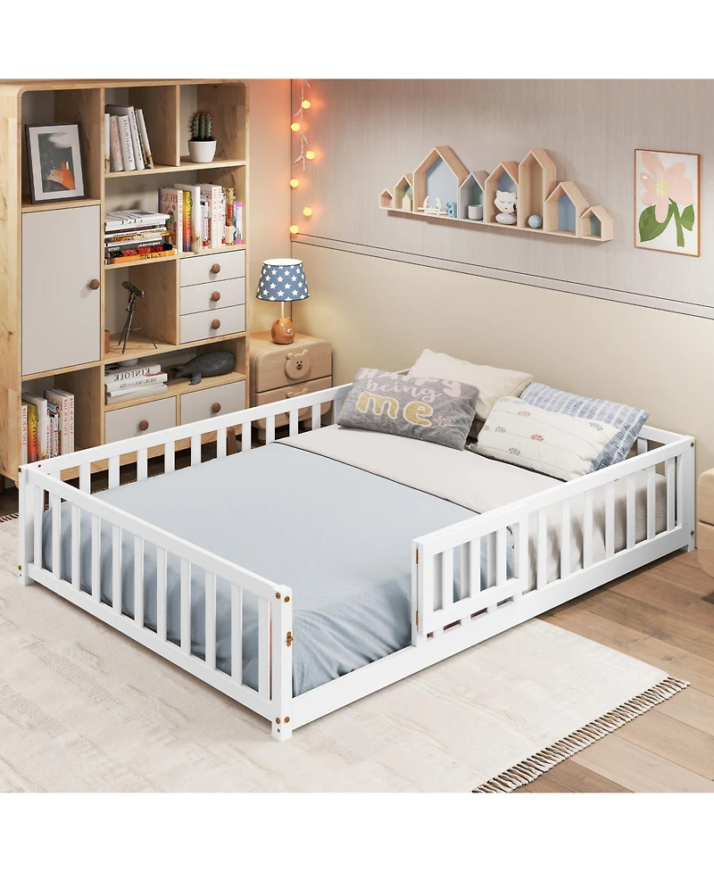 Montessori Bed Frame with Full-length Guardrails Safety Door and Latch