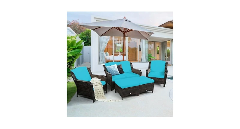 5 Pieces Patio Rattan Sofa Set with Cushion and Ottoman