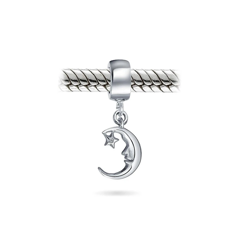 Bling Jewelry Starry Night Crescent Moon & Star Dangle Charm Bead Sterling Silver Bracelet