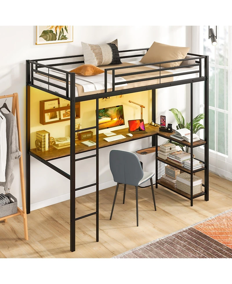 Loft Bed Raised Platform Bed with Desk and 2 Storage Shelves