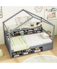 Kids' House Bed with Roof, 14 Storage Cubes, and Enclosed Cabinet for Bedroom