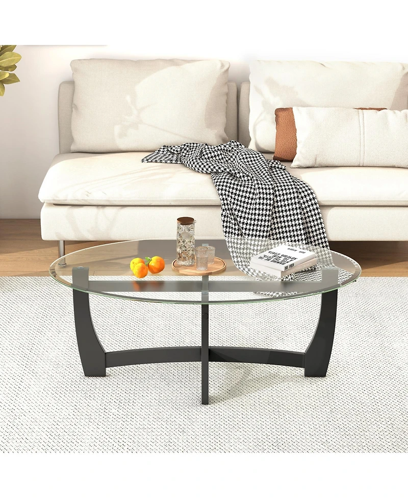 Oval Coffee Table with Tempered Glass Tabletop and Rubber Wood Legs