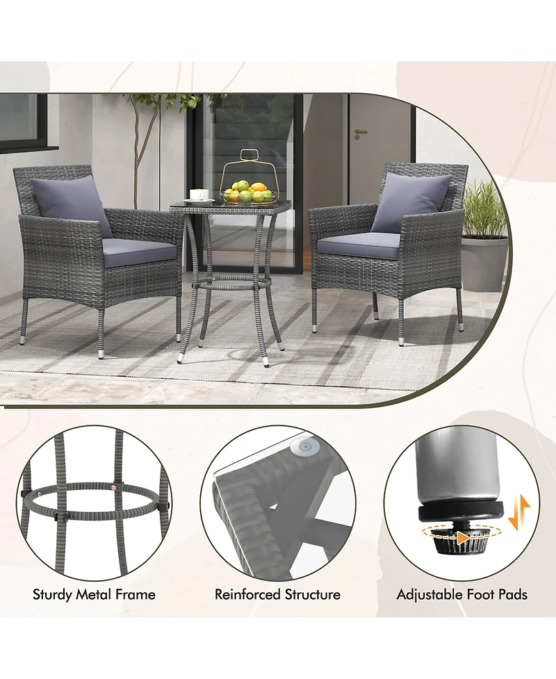Gymax 3-Piece Patio Furniture Set Pe Wicker Conversation Bistro w/ A Tempered Glass Table