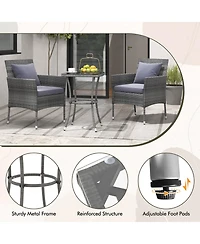 Gymax 3-Piece Patio Furniture Set Pe Wicker Conversation Bistro w/ A Tempered Glass Table