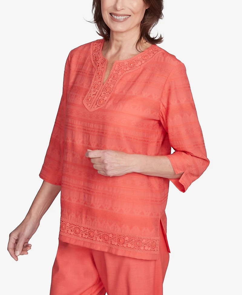 Alfred Dunner Women's Catalina Island Solid Textured Lace Trim Top