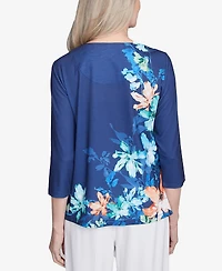 Alfred Dunner Women's Nantucket Asymmetric Floral Beaded Split Neck Top