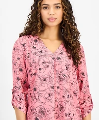 Ak Anne Klein Petite Printed V-Neck Roll-Tab-Sleeve Top