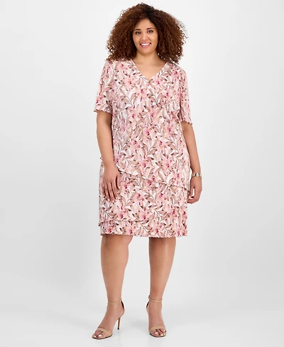 Connected Plus Size V-Neck Asymmetric-Tier Sheath Dress
