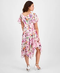 Robbie Bee Women's Floral Clip-Dot Cowlneck Asymmetric Dress