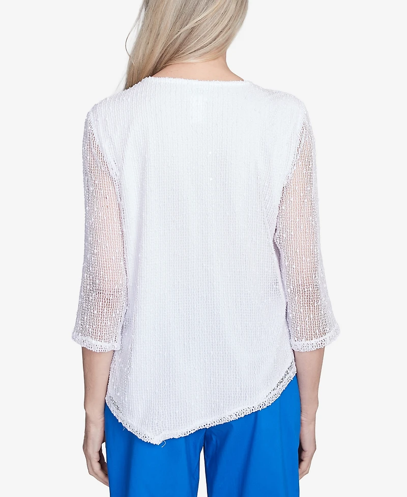 Alfred Dunner Petite Parrot Cay Popcorn Mesh Top with Necklace