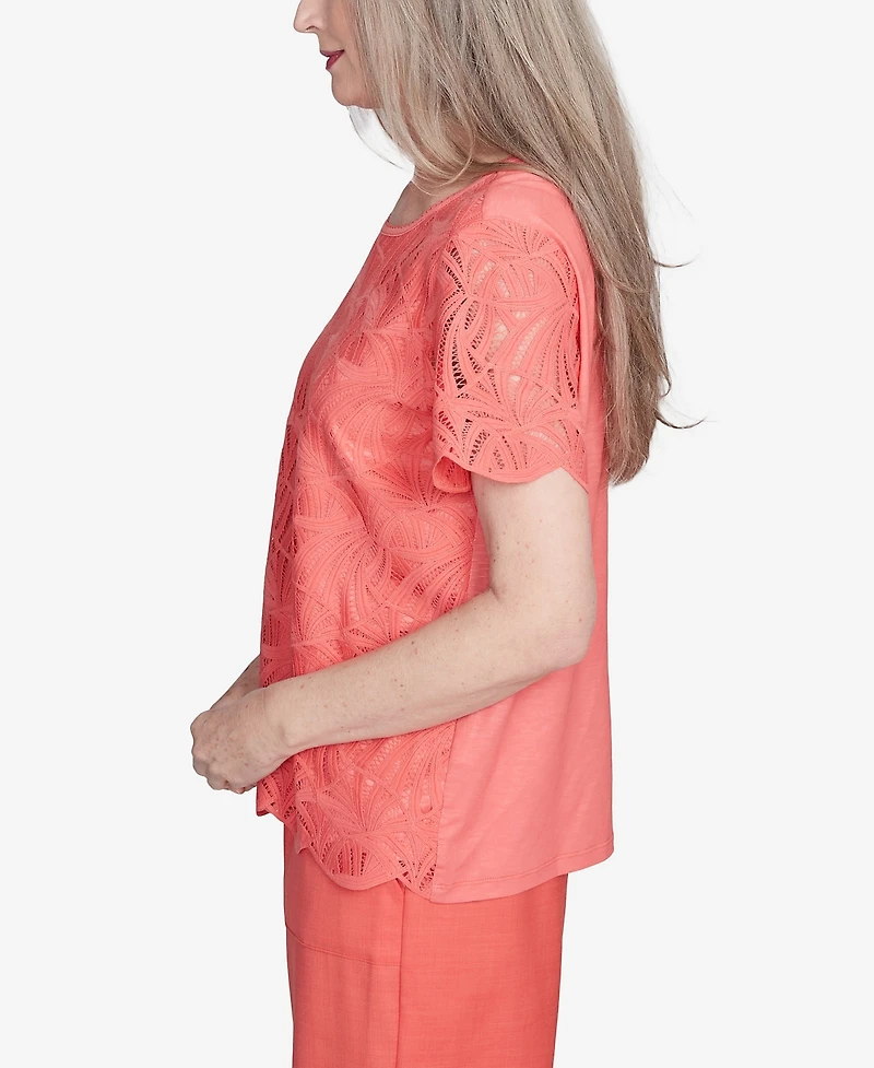 Alfred Dunner Petite Catalina Island Lace Trimmed Textured Top