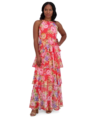 Jessica Howard Women's Floral-Print Tiered Halter Gown