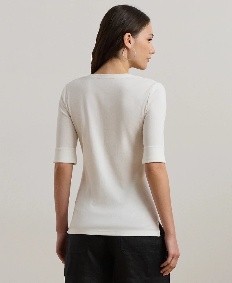 Lauren Ralph Petite Stretch Cotton Elbow-Sleeve V-Neck Tee