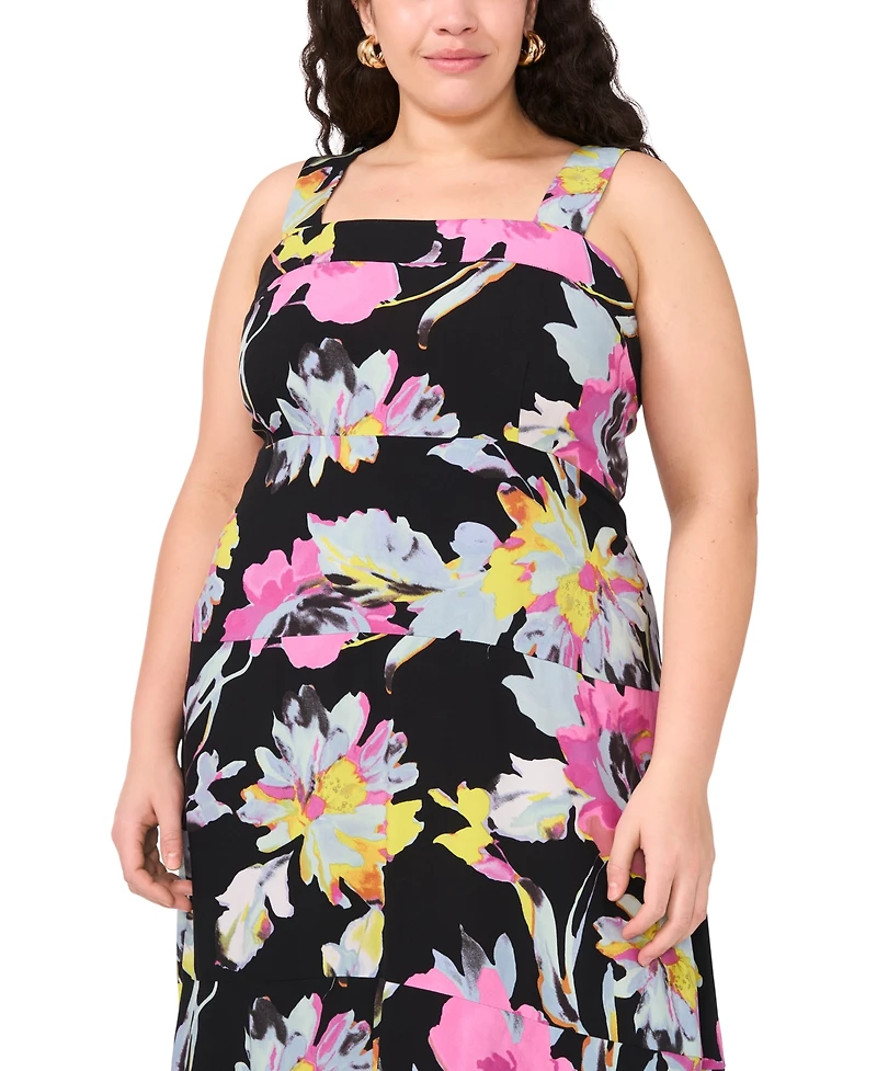 Vince Camuto Plus Size Floral Square-Neck Smocked-Back Sleeveless Maxi Dress