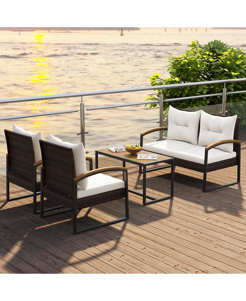 4 Pieces Patio Conversation Set with Acacia Wood Armrests and Tabletop and Cushions