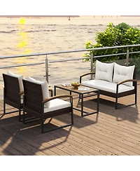 4 Pieces Patio Conversation Set with Acacia Wood Armrests and Tabletop and Cushions
