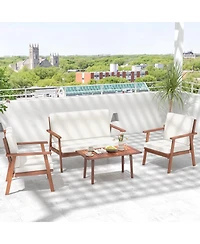 4 Piece Outdoor Acacia Wood Conversation Set with Soft Seat and Back Cushions