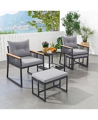 5 Piece Outdoor Rattan Conversation Set with 2-Layer Side Table and 2 Ottomans