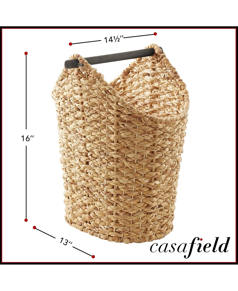 Casafield Toilet Paper Roll Holder Storage Basket with Wood Bar - Natural, Woven Water Hyacinth Wicker Bathroom Tissue Storage Organizer