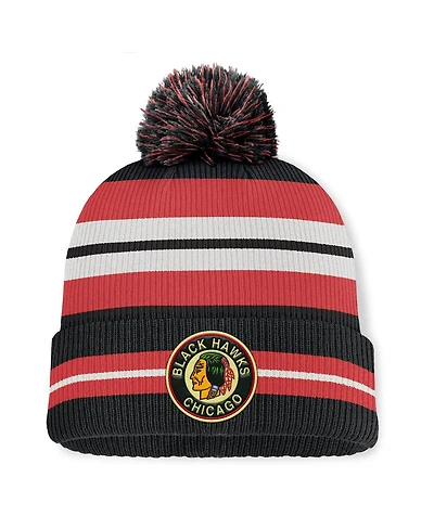 Fanatics Men's Black/Cream Chicago Blackhawks Decades Collection Cuffed Knit Hat with Pom