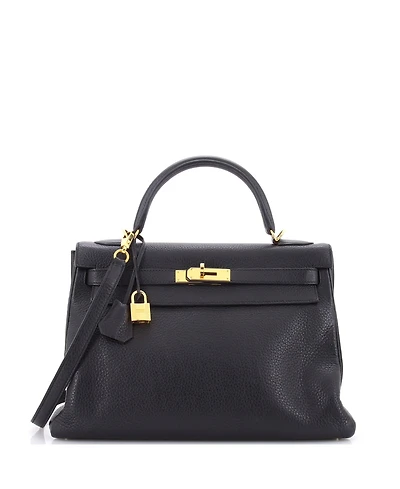 Pre-Owned HERMES Kelly 32 Handbag Black Clemence with Gold Hardware