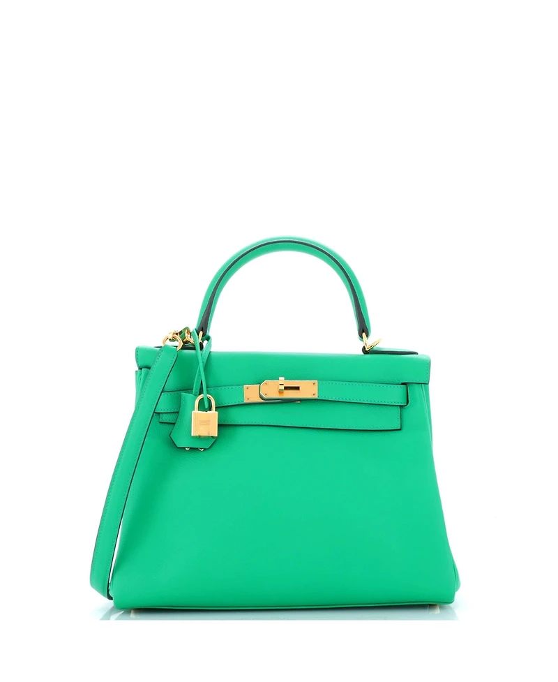 Pre-Owned HERMES Kelly 28 Handbag Green Evercolor with Gold Hardware