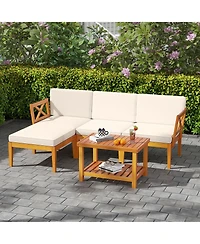 Gymax 5 Pcs Acacia Wood Patio Furniture Set w/ 2-Tier Coffee Table and Cushions