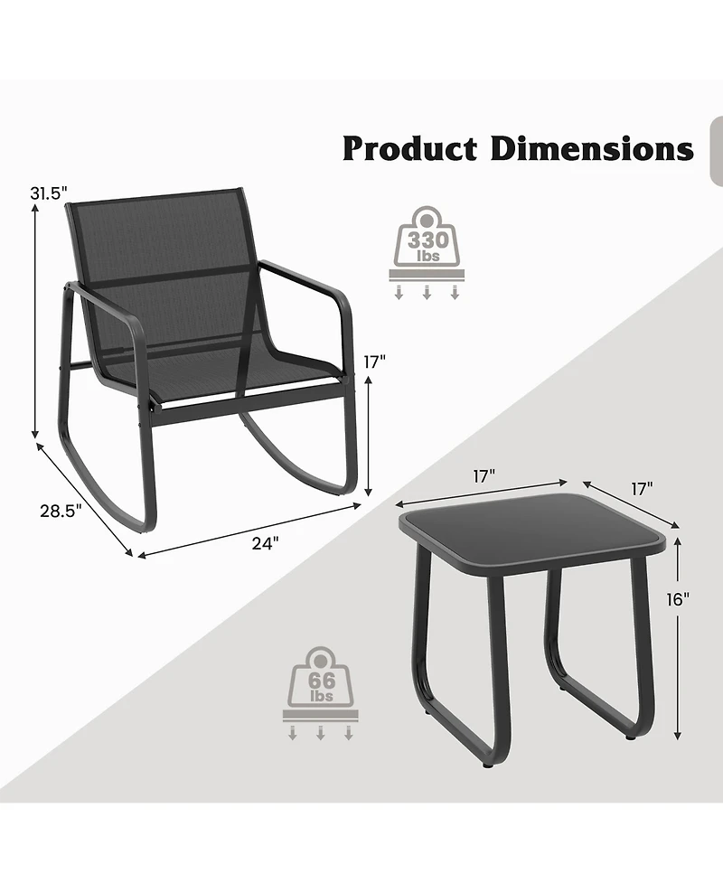 Gymax 3 Piece Rocking Bistro Set Patio Furniture Set w/ 2 Rocking Chairs & Glass-Top Coffee Table