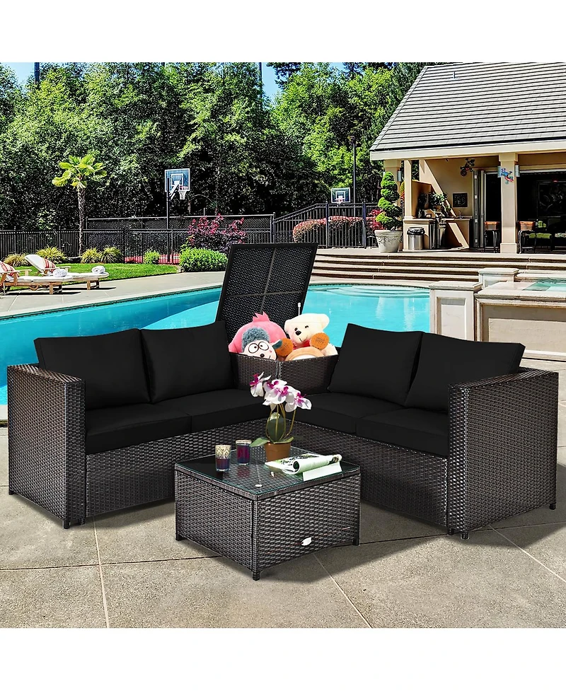 4 Pieces Outdoor Patio Rattan Furniture Set with Loveseat and Storage Box