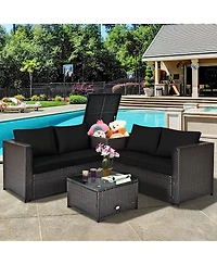 4 Pieces Outdoor Patio Rattan Furniture Set with Loveseat and Storage Box
