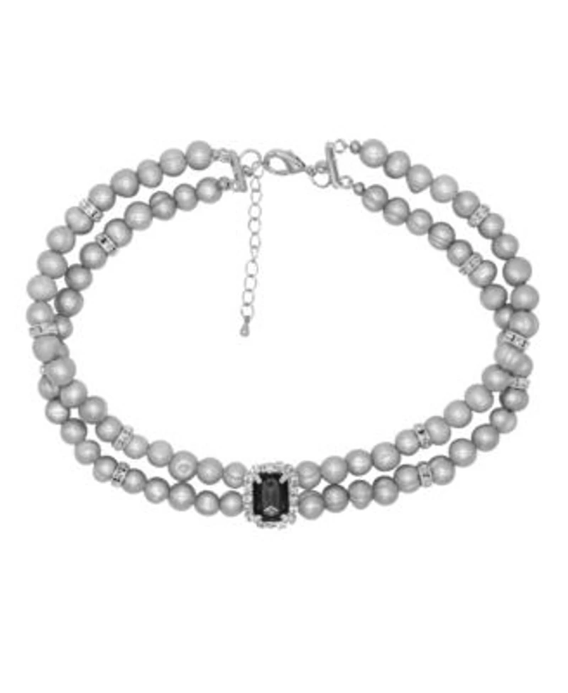 Grey Pearl Choker Necklace With Black Rectangle Charm 16.5 X2033