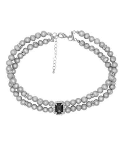 Grey Pearl Choker Necklace With Black Rectangle Charm 16.5 X2033