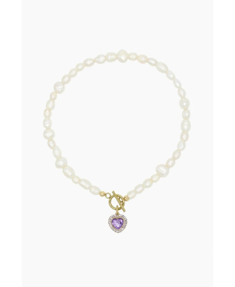 Freshwater Pearl Necklace With Lavender Heart Charm 15.0