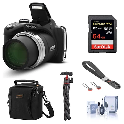 Minolta MN53Z 16MP Fhd Digital Camera with 53x Optical Zoom, Wi-Fi, Black Bundle with Shoulder Bag, 64GB Sd Card, Wrist Strap, Octopus Tripod, Cleanin