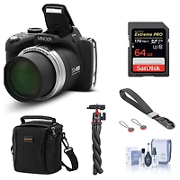 Minolta MN53Z 16MP Fhd Digital Camera with 53x Optical Zoom, Wi-Fi, Black Bundle with Shoulder Bag, 64GB Sd Card, Wrist Strap, Octopus Tripod, Cleanin