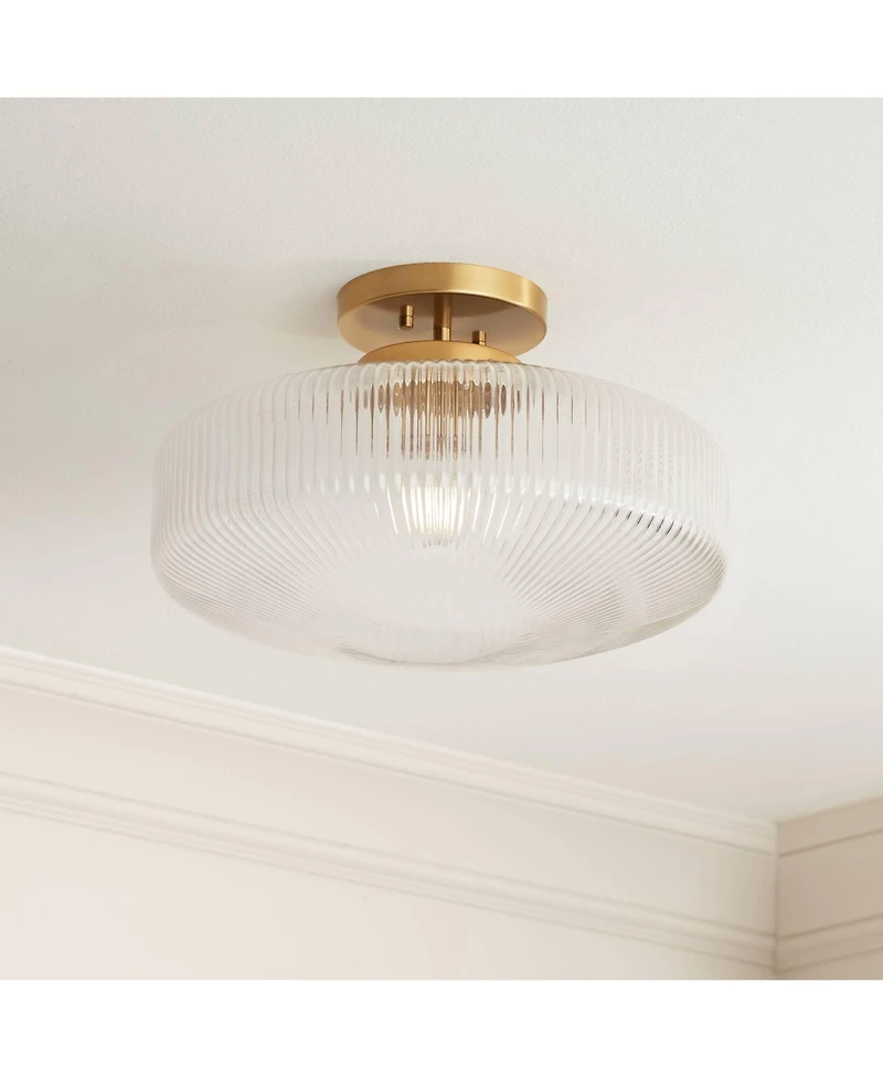 Possini Euro Design Brianna 16" Modern Semi Flush-Mount Ceiling Light Fixture Kitchen Foyer Round Warm Brass Finish Ribbed Glass