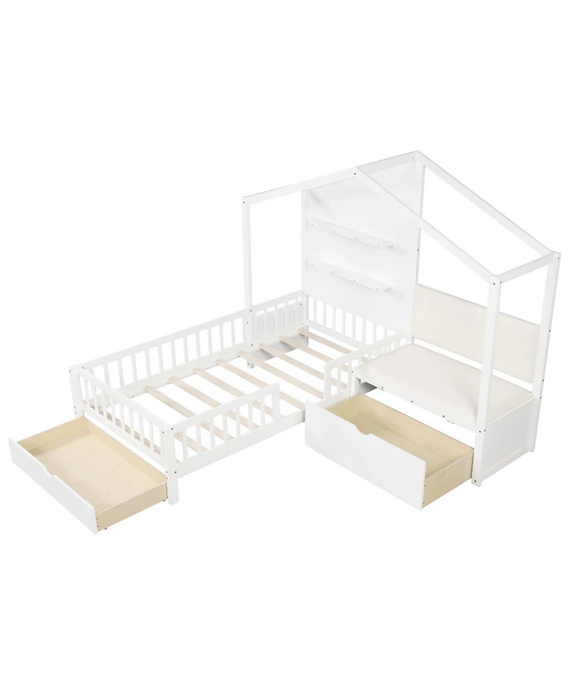Twin Size House Bed Kids Platform Bed with Padded Bench