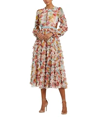 Mac Duggal Women's Long Sleeve Tiered Ruffle Cutout Criss Cross Dress