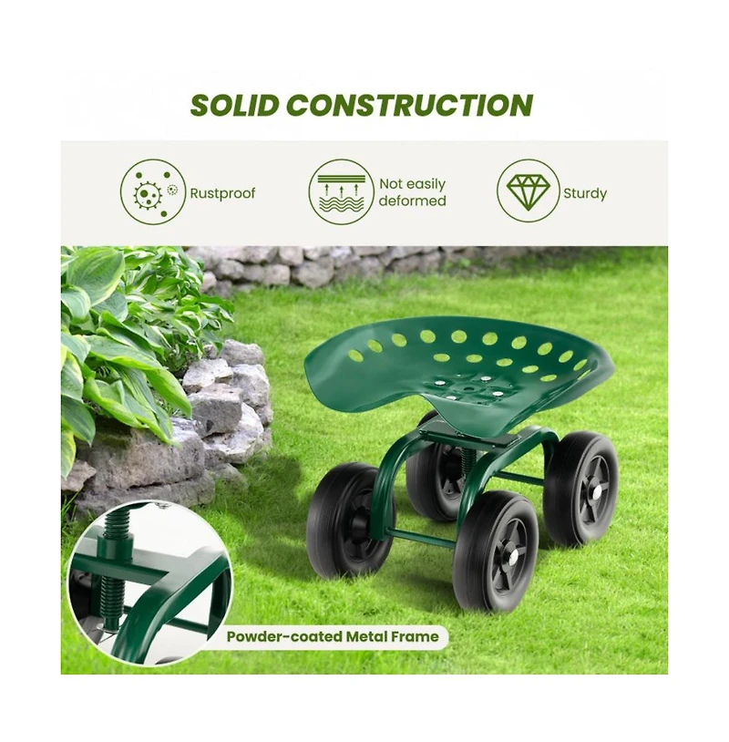 Garden Rolling Workseat with Swivel Seat and Adjustable Height Comfortable Mobile Tool for Outdoor Tasks
