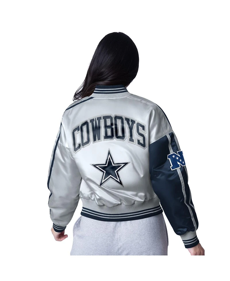 Starter Women's Navy/Silver Dallas Cowboys Zone Blitz Cropped Full-Snap Satin Jacket