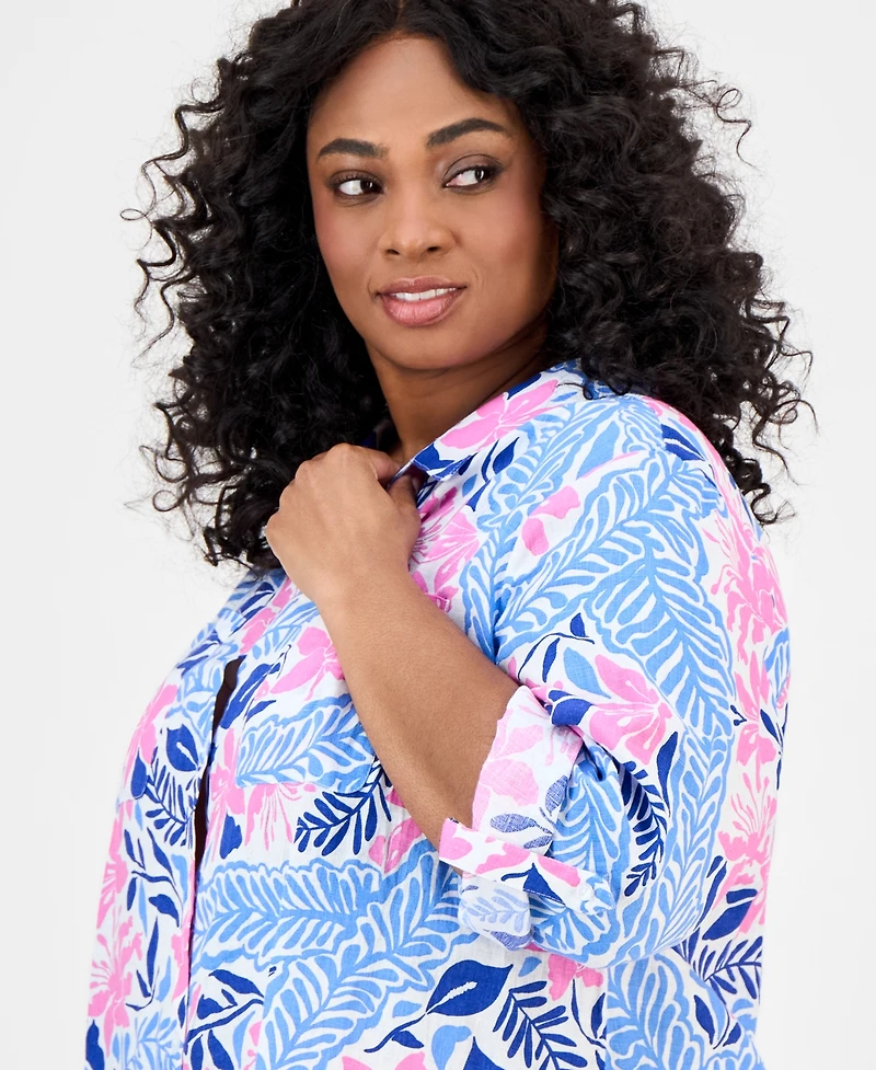 Charter Club Plus Size Printed Floral Linen Shirt, Exclusively at Macy's
