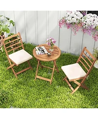 3 Pcs Acacia Wood Patio Bistro Set Folding Outdoor Table and Chairs with Cushions