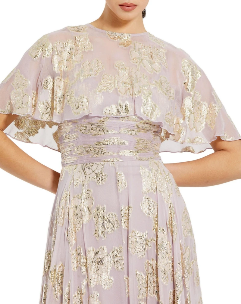 Mac Duggal Women's Floral Print High Neck Cape Sleeve A Line Gown