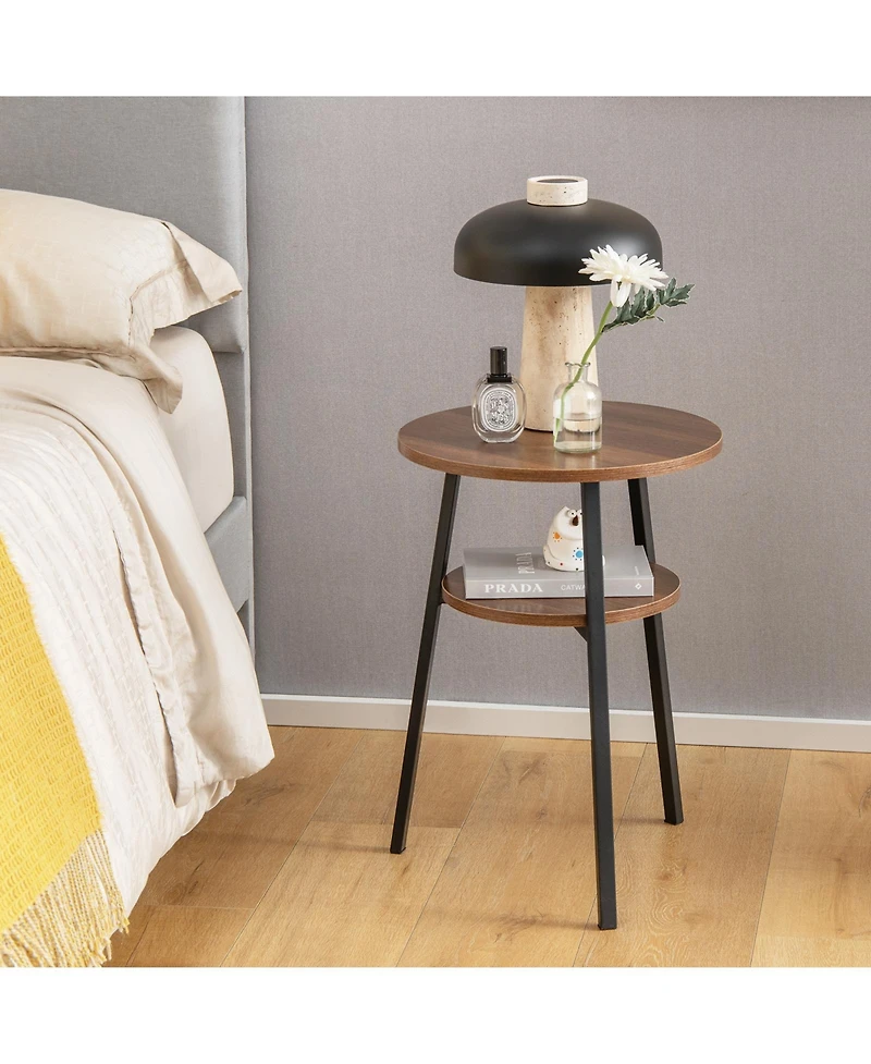 Set of 2 2-Tier Round End Tables with Open Shelf and Triangular Frame
