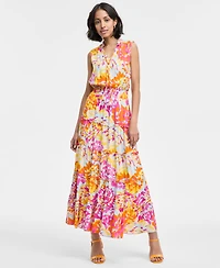 Msk Women's Printed Ruffle-Collar Tiered Maxi Dress
