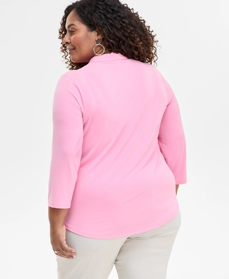 Jm Collection Plus Solid V-Neck 3/4-Sleeve Top