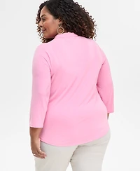 Jm Collection Plus Solid V-Neck 3/4-Sleeve Top