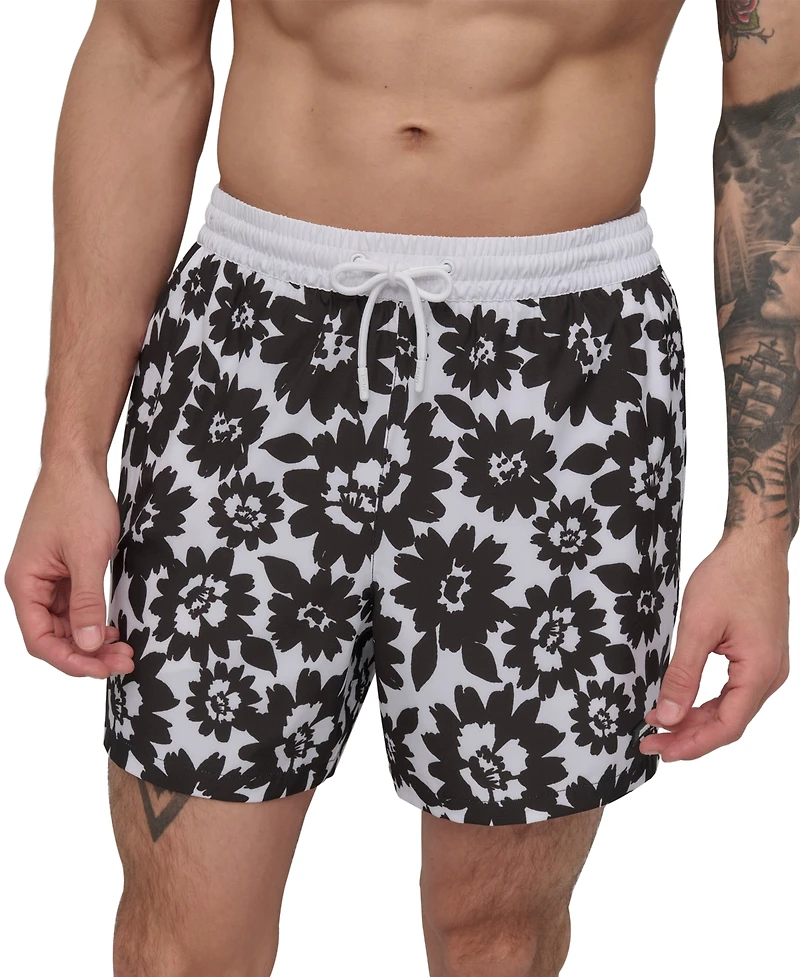 Dkny Men's Euro Black & White Bandana Print Performance 5" Volley Shorts